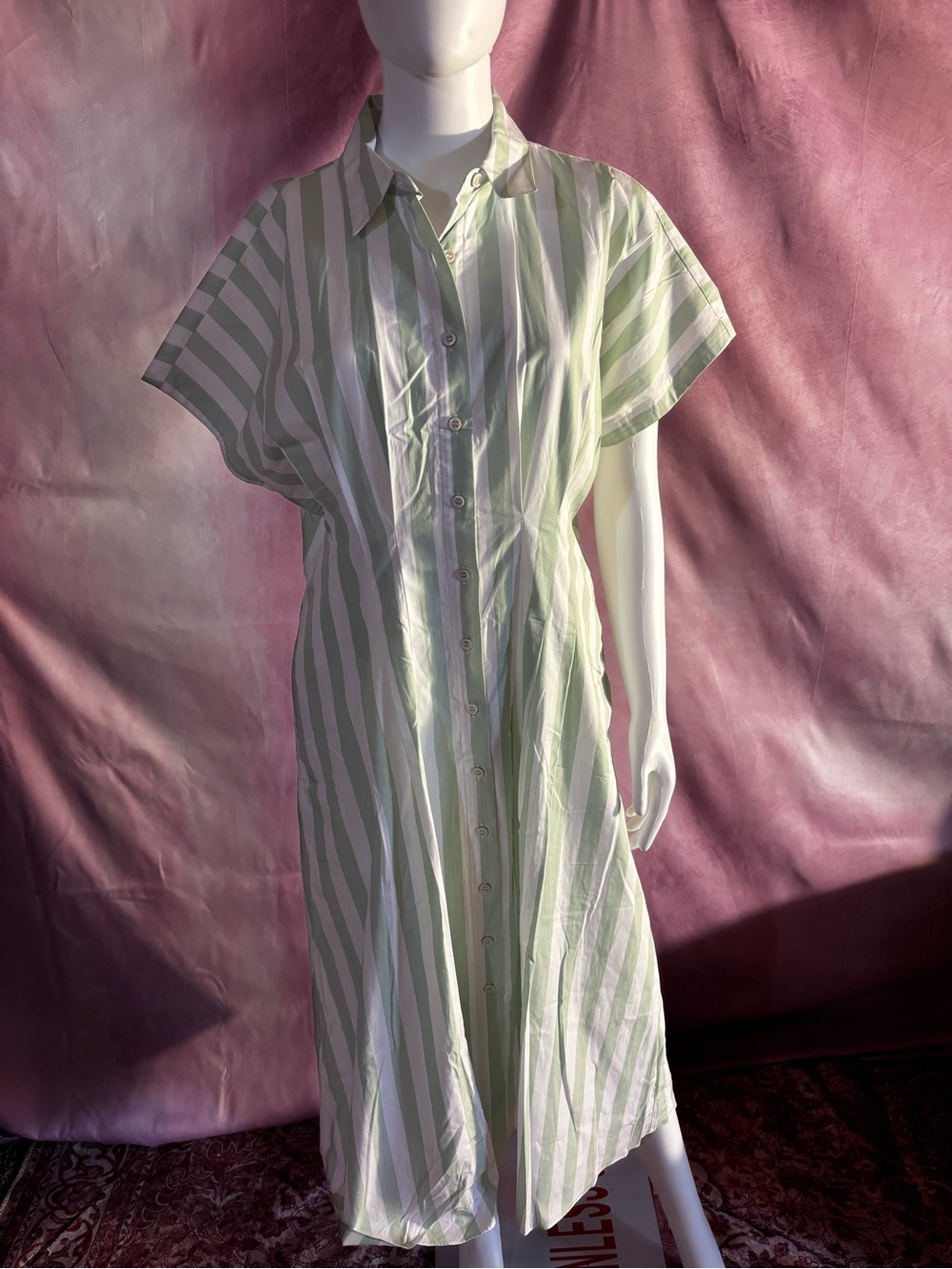 Ann Taylor Striped Midi Shirt Dress in Light Green and White